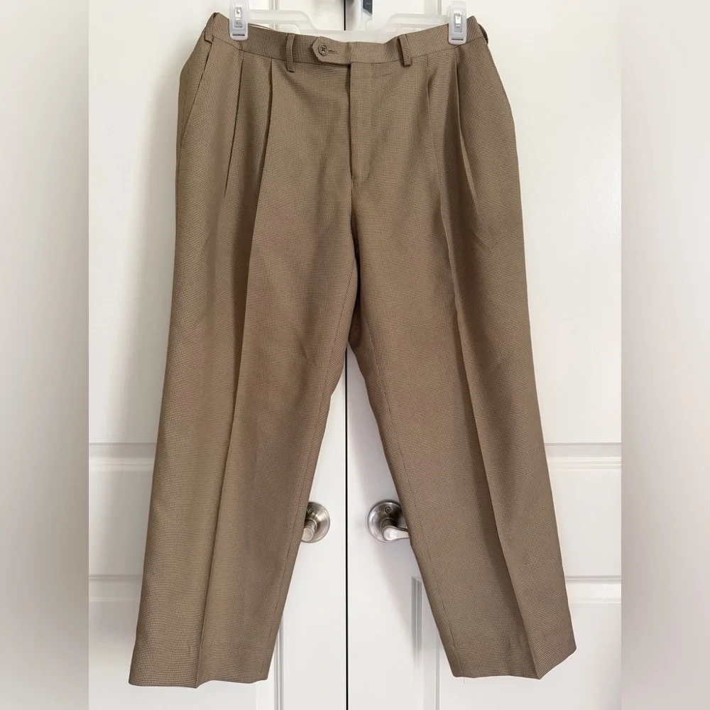 Lauren Ralph Lauren Men’s Dress Pants 38W|28 Pleat Front Tan Micro-Check Slacks - Picture 1 of 6